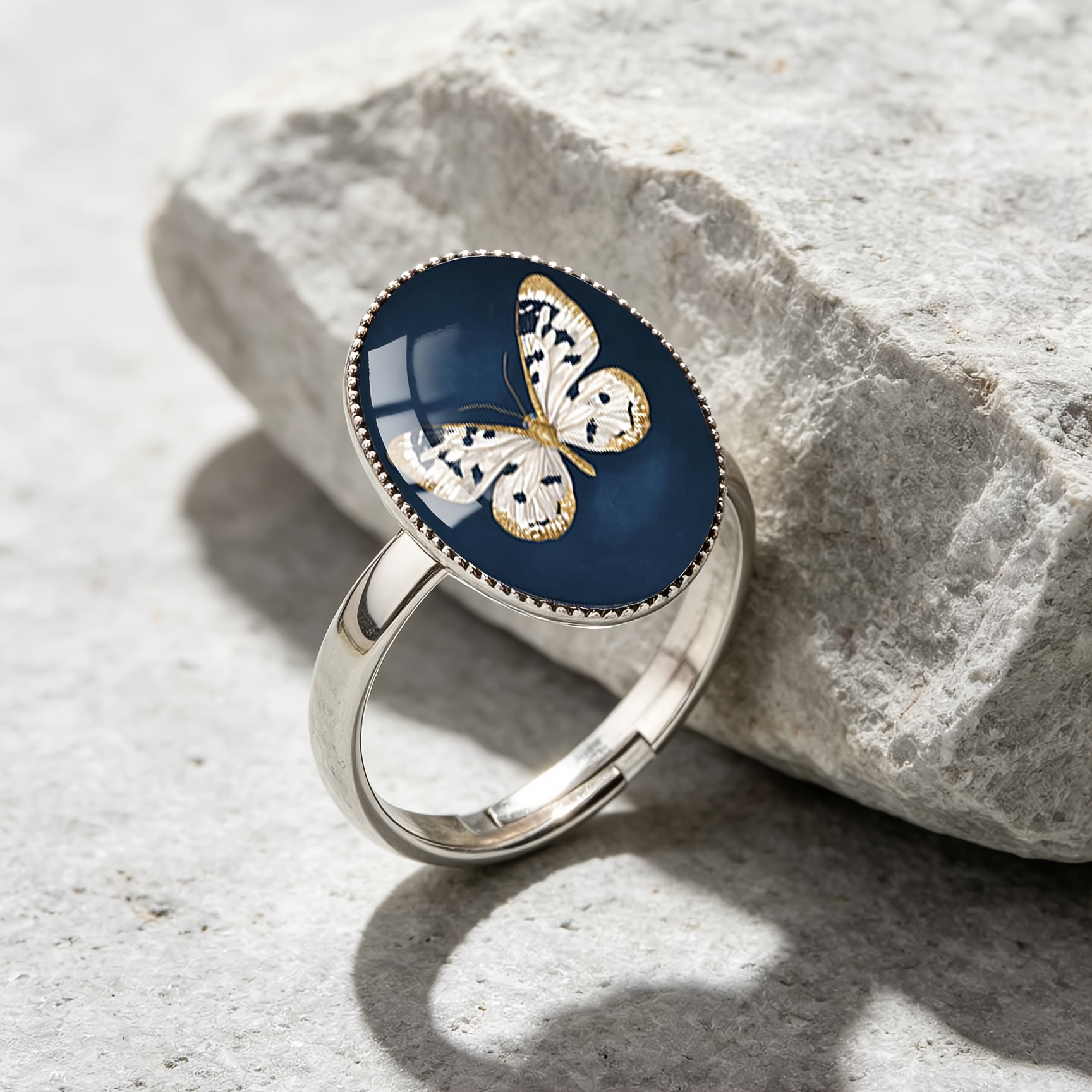 Women's Retro White Butterfly Pattern Stainless Steel Oval Open Ring